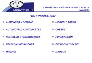 LA REGIÓN OFRECE MÚLTIPLES CAMPOS PARA LA INVERSIÓN ALIMENTOS Y BEBIDAS AUTOMOTRIZ Y AUTOPARTES PETRÓLEO Y PETROQUÍMICA TELECOMUNICACIONES MINERÍA HIERRO Y ACERO CUEROS FORESTACIÓN CELULOSA Y PAPEL MADERA “ HOT INDUSTRIES” 