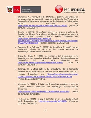 23
• Ehuletche, A., Banno, B. y De Stefano, A. (2007). Las tutorías en
las propuestas de educación superior a distancia. En Teoría de la
Educación. Educación y Cultura en la Sociedad de la Información,
195-211. Disponible en:
http://www.redalyc.org/articulo.oa?id=201017334012. [Fecha de
consulta: 07/03/2015]
• García, L. (2001). El profesor tutor y la tutoría a debate. En
García, L., Oliver, A. y Alejos, A. (Eds.). Perspectivas sobre la
función tutorial. Madrid, España: UNED. Disponible en:
http://www.uned.es/catedraunesco-
ead/articulos/1999/el%20profesor%20tutor%20y%20la%20tutori
a%20a%20debate.pdf [Fecha de consulta: 07/03/2015]
 Gonzalez F. y Salmon G. (2002) La función y formación de e-
moderator: claves del éxito en los nuevos entornos de
aprendizaje. Online Educa Barcelona.
• Gros, B.; Silva, J. (2005). La formación del profesorado como
docente en los espacios virtuales. Revista Iberoamericana de
Educación. N.º 36/1. OEI. Disponible en:
http://www.rieoei.org/deloslectores/959Gros.PDF. [Fecha de
consulta: 01/04/15].
• Jiménez, O. y otros (2013). La importancia de la formación
docente en la tutoria virtual. Revista Pistas Educativas, No. 101.
México. Disponible en: http://pistaseducativas.itc.mx/wp-
content/uploads/2013/06/24-JIMENEZ-PE-101-269-278.pdf.
[Fecha de consulta: 07/03/15].
• Llorente, M. (2006). El tutor en E-learning: aspectos a tener en
cuenta. Revista Electrónica de Tecnología Educativa.N°20.
Disponible en:
http://edutec.rediris.es/Revelec2/revelec20/llorente.htm. [Fecha
de consulta: 07/03/15].
• Martinez, J. (2004). El papel del tutor en el aprendizaje virtual.
UOC. Disponible en http://www.uoc.edu/dt/20383/ [Fecha de
consulta: 01/04/15].
 