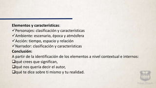 Elementos y características:
Personajes: clasificación y características
Ambiente: escenario, época y atmósfera
Acción: tiempo, espacio y relación
Narrador: clasificación y características
Conclusión:
A partir de la identificación de los elementos a nivel contextual e internos:
qué crees que significan,
qué nos quería decir el autor,
qué te dice sobre ti mismo y tu realidad.
 