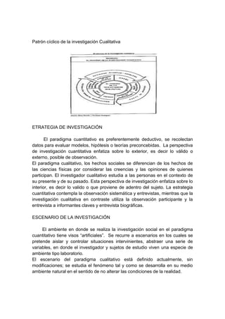 Patrón cíclico de la investigación Cualitativa
ETRATEGIA DE INVESTIGACIÓN
El paradigma cuantitativo es preferentemente deductivo, se recolectan
datos para evaluar modelos, hipótesis o teorías preconcebidas. La perspectiva
de investigación cuantitativa enfatiza sobre lo exterior, es decir lo válido o
externo, posible de observación.
El paradigma cualitativo, los hechos sociales se diferencian de los hechos de
las ciencias físicas por considerar las creencias y las opiniones de quienes
participan. El investigador cualitativo estudia a las personas en el contexto de
su presente y de su pasado. Esta perspectiva de investigación enfatiza sobre lo
interior, es decir lo valido o que proviene de adentro del sujeto. La estrategia
cuantitativa contempla la observación sistemática y entrevistas, mientras que la
investigación cualitativa en contraste utiliza la observación participante y la
entrevista a informantes claves y entrevista biográficas.
ESCENARIO DE LA INVESTIGACIÓN
El ambiente en donde se realiza la investigación social en el paradigma
cuantitativo tiene visos “artificiales”. Se recurre a escenarios en los cuales se
pretende aislar y controlar situaciones intervinientes, abstraer una serie de
variables, en donde el investigador y sujetos de estudio viven una especie de
ambiente tipo laboratorio.
El escenario del paradigma cualitativo está definido actualmente, sin
modificaciones; se estudia el fenómeno tal y como se desarrolla en su medio
ambiente natural en el sentido de no alterar las condiciones de la realidad.
 