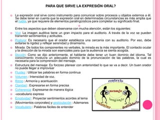 PARA QUE SIRVE LA EXPRESIÓN ORAL?


La expresión oral sirve como instrumento para comunicar sobre procesos u objetos externos a él.
Se debe tener en cuenta que la expresión oral en determinadas circunstancias es más amplia que
el habla, ya que requiere de elementos paralingüísticos para completar su significado final.




















Entre los aspectos que deben observarse con mucha atención, están los siguientes:
Voz: La imagen auditiva tiene un gran impacto para el auditorio. A través de la voz se pueden
transmitir sentimientos y actitudes.
Postura: Es necesario que el orador establezca una cercanía con su auditorio. Por eso, debe
evitarse la rigidez y reflejar serenidad y dinamismo.
Mirada: De todos los componentes no verbales, la mirada es la más importante. El contacto ocular
y la dirección de la mirada son esenciales para que la audiencia se sienta acogida.
Dicción: Como se dijo anteriormente, el hablante debe tener un buen dominio del idioma. Tal
conocimiento involucra un adecuado dominio de la pronunciación de las palabras, la cual es
necesaria para la comprensión del mensaje.
Estructura del mensaje: Es forzoso planear con anterioridad lo que se va a decir. Un buen orador
no puede llegar a improvisar
Fluidez : Utilizar las palabras en forma continua
Volumen : Intensidad de voz.
Ritmo : Armonía y acentuación
Claridad : Expresarse en forma precisa
Coherencia :Expresarse de manera lógica
-vocabulario expreso
Emotividad : Proyectar sentimientos acordes al tema
(Movimientos corporales) y gesticulación : Ademanes
Vocabulario : Palabras fáciles de entender

 