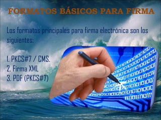 FORMATOS BÁSICOS PARA FIRMA Los formatos principales para firma electrónica son los siguientes: 1. PKCS#7 / CMS. 2. Firma XML 3. PDF (PKCS#7) 