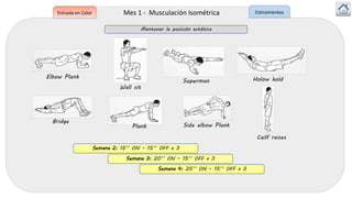 Semana 2: 15’’ ON – 15’’ OFF x 3
Elbow Plank
Wall sit
Superman Holow hold
Bridge
Plank Side elbow Plank
Cailf raises
Mes 1 - Musculación Isométrica
Mantener la posición estática
Semana 3: 20’’ ON – 15’’ OFF x 3
Semana 4: 25’’ ON – 15’’ OFF x 3
Entrada en Calor Estiramientos
 