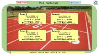 Semana 1:
Serie: 3000 mts
Repeticiones: 3
Ritmo: 4’25’’ min/km
Descanso: 2’ (pasivo)
Distancia Total: 9000 mts
Semana 2:
Serie: 3000 mts
Repeticiones: 3
Ritmo: 4’20’’ min/km
Descanso: 2’ (activo)
Distancia Total: 9000 mts
Semana 3:
Serie: 3000 mts
Repeticiones: 4
Ritmo: 4’15’’ min/km
Descanso: 2’ (pasivo)
Distancia Total: 12000 mts
Semana 3:
Serie: 3000 mts
Repeticiones: 4
Ritmo: 4’15’’ min/km
Descanso: 2’ (activo)
Distancia Total: 12000 mts
Mes 5 – Pasadas largasEntrada en Calor
Descansos: Pasivo = camino / Activo = Trote suave
Estiramientos
 
