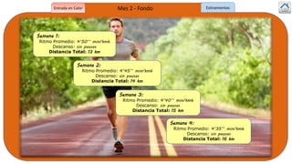 Semana 1:
Ritmo Promedio: 4’50’’ min/kmh
Descanso: sin pausas
Distancia Total: 13 km
Semana 2:
Ritmo Promedio: 4’45’’ min/kmh
Descanso: sin pausas
Distancia Total: 14 km
Semana 3:
Ritmo Promedio: 4’40’’ min/kmh
Descanso: sin pausas
Distancia Total: 15 km
Semana 4:
Ritmo Promedio: 4’35’’ min/kmh
Descanso: sin pausas
Distancia Total: 16 km
Mes 2 - FondoEntrada en Calor Estiramientos
 