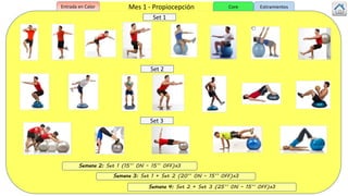 Mes 1 - Propiocepción
Semana 2: Set 1 (15’’ ON – 15’’ OFF)x3
Semana 3: Set 1 + Set 2 (20’’ ON – 15’’ OFF)x3
Semana 4: Set 2 + Set 3 (25’’ ON – 15’’ OFF)x3
Set 1
Set 2
Set 3
Entrada en Calor Core Estiramientos
 