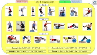 (
Semana 1: Set 1 (15’’ ON – 15’’ OFF)x3 Semana 3: Set 2 + Set 3 (20’’ ON – 15’’ OFF)x3
Semana 4: Set 2 + Set 3 (25’’ ON – 15’’ OFF)x3
Set 1
Set 2
Set 3
Semana 2: Set 1 + Set 2 (15’’ ON – 15’’ OFF)x3
Mes 2 - PropiocepciónEntrada en Calor Core Estiramientos
 