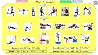 Semana 1: Set 1 (15’’ ON – 15’’ OFF)x3 Semana 3: Set 2 + Set 3 (20’’ ON – 15’’ OFF)x3
Semana 4: Set 2 + Set 3 (25’’ ON – 15’’ OFF)x3
Set 1
Set 2
Set 3
Semana 2: Set 1 + Set 2 (15’’ ON – 15’’ OFF)x3
Mes 4 - PropiocepciónEntrada en Calor Core Estiramientos
 