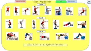 Semana 4: Set 1 + 2 + Set 3 (25’’ ON – 15’’ OFF)x3
Set 1
Set 2
Set 3
Mes 6 - PropiocepciónEntrada en Calor Core Estiramientos
 
