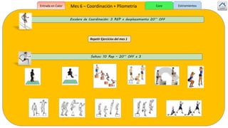 Repetir Ejercicios del mes 1
Escalera de Coordinación: 3 REP x desplazamiento 20’’ OFF
Saltos: 10 Rep – 20’’ OFF x 3
Mes 6 – Coordinación + PliometríaEntrada en Calor Core Estiramientos
 
