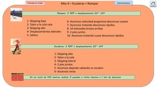 Mes 4 – Escaleras + Rampas
Rampas: 3 REP x desplazamiento 20’’ OFF
Escaleras: 3 REP x desplazamiento 20’’ OFF
1- Skipping bajo
2- Talon a la cola cola
3- Skipping alto
4- Desplazamientos laterales
5- Saltico
6- Ascensos velocidad progresiva descensos suaves
7- Ascensos trotando descensos rápidos
8- 10 estocadas brazos arribas
9- 2 pies juntos
10- Ascensos trotando suave descensos rápidos
1- Skipping alto
2- Talon a la cola
3- Skipping lateral
4- 2 pies juntos
5- Ascensos dejando saltando un escalon
6- Ascensos ranas
En un recta de 100 metros realizar 5 pasadas a ritmo intenso x 1 min de descanso
Entrada en Calor Estiramientos
 