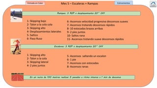 Rampas: 3 REP x desplazamiento 20’’ OFF
Escaleras: 3 REP x desplazamiento 20’’ OFF
1- Skipping bajo
2- Talon a la cola cola
3- Skipping alto
4- Desplazamientos laterales
5- Saltico
6- Paso Ruso
6- Ascensos velocidad progresiva descensos suaves
7- Ascensos trotando descensos rápidos
8- 10 estocadas brazos arribas
9- 2 pies juntos
10- Saltos rana
11- Ascensos trotando suave descensos rápidos
1- Skipping alto
2- Talon a la cola
3- Skipping lateral
4- 2 pies juntos
5- Ascensos saltando un escalon
6- 1 pie
7- Ascensos con estocadas
8- Ascensos ranas
En un recta de 100 metros realizar 5 pasadas a ritmo intenso x 1 min de descanso
Mes 5 – Escaleras + RampasEntrada en Calor Estiramientos
 