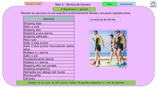 Mes 3 - Técnica de Carrera
3 Repeticiones x ejercicio
Ejercicio
Skipping bajo
Talon a cola
Skipping alto
Skipping a una pierna
Skipping salticado
Paso ruso
Salto 2 pies juntos
Salto 2 pies juntos intercalando saltos
altos
Pedaleo a 1 pierna
Salto 1 pie
Dezplazamiento lateral
Pedaleo a 1 pierna
Skipping alto con parada
Skipping progresivo
Palmadas por debajo del muslo
Marcha atrás
Cariocas
*Realizar los ejercicios en una superficie preferentemente blanda y con pocas imperfecciones.
Finalizar en un recta de 100 metros realizar 10 pasadas progresivas x 1 min de descanso
Entrada en Calor EstiramientosCore
-La recta es de 40 mts.
 