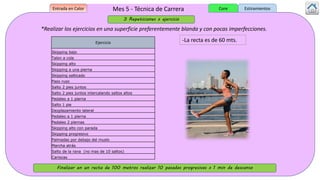 Mes 5 - Técnica de Carrera
Ejercicio
Skipping bajo
Talon a cola
Skipping alto
Skipping a una pierna
Skipping salticado
Paso ruso
Salto 2 pies juntos
Salto 2 pies juntos intercalando saltos altos
Pedaleo a 1 pierna
Salto 1 pie
Dezplazamiento lateral
Pedaleo a 1 pierna
Pedaleo 2 piernas
Skipping alto con parada
Skipping progresivo
Palmadas por debajo del muslo
Marcha atrás
Salto de la rana (no mas de 10 saltos)
Cariocas
*Realizar los ejercicios en una superficie preferentemente blanda y con pocas imperfecciones.
Finalizar en un recta de 100 metros realizar 10 pasadas progresivas x 1 min de descanso
Entrada en Calor EstiramientosCore
3 Repeticiones x ejercicio
-La recta es de 60 mts.
 