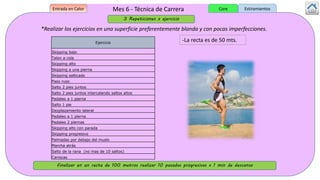 Mes 6 - Técnica de Carrera
Ejercicio
Skipping bajo
Talon a cola
Skipping alto
Skipping a una pierna
Skipping salticado
Paso ruso
Salto 2 pies juntos
Salto 2 pies juntos intercalando saltos altos
Pedaleo a 1 pierna
Salto 1 pie
Dezplazamiento lateral
Pedaleo a 1 pierna
Pedaleo 2 piernas
Skipping alto con parada
Skipping progresivo
Palmadas por debajo del muslo
Marcha atrás
Salto de la rana (no mas de 10 saltos)
Cariocas
*Realizar los ejercicios en una superficie preferentemente blanda y con pocas imperfecciones.
Finalizar en un recta de 100 metros realizar 10 pasadas progresivas x 1 min de descanso
Entrada en Calor EstiramientosCore
3 Repeticiones x ejercicio
-La recta es de 50 mts.
 