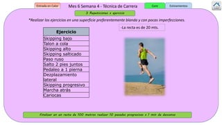 Mes 6 Semana 4 - Técnica de Carrera
*Realizar los ejercicios en una superficie preferentemente blanda y con pocas imperfecciones.
Finalizar en un recta de 100 metros realizar 10 pasadas progresivas x 1 min de descanso
Entrada en Calor EstiramientosCore
3 Repeticiones x ejercicio
Ejercicio
Skipping bajo
Talon a cola
Skipping alto
Skipping salticado
Paso ruso
Salto 2 pies juntos
Pedaleo a 1 pierna
Dezplazamiento
lateral
Skipping progresivo
Marcha atrás
Cariocas
-La recta es de 20 mts.
 