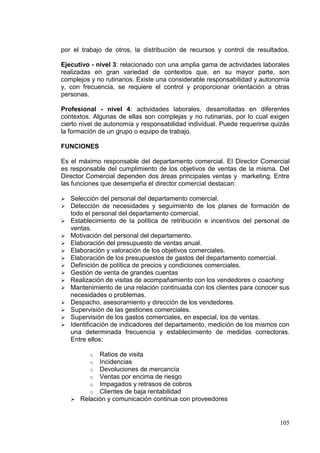 por el trabajo de otros, la distribución de recursos y control de resultados.

Ejecutivo - nivel 3: relacionado con una amplia gama de actividades laborales
realizadas en gran variedad de contextos que, en su mayor parte, son
complejos y no rutinarios. Existe una considerable responsabilidad y autonomía
y, con frecuencia, se requiere el control y proporcionar orientación a otras
personas.

Profesional - nivel 4: actividades laborales, desarrolladas en diferentes
contextos. Algunas de ellas son complejas y no rutinarias, por lo cual exigen
cierto nivel de autonomía y responsabilidad individual. Puede requerirse quizás
la formación de un grupo o equipo de trabajo.

FUNCIONES

Es el máximo responsable del departamento comercial. El Director Comercial
es responsable del cumplimiento de los objetivos de ventas de la misma. Del
Director Comercial dependen dos áreas principales ventas y marketing. Entre
las funciones que desempeña el director comercial destacan:

   Selección del personal del departamento comercial.
   Detección de necesidades y seguimiento de los planes de formación de
    todo el personal del departamento comercial.
   Establecimiento de la política de retribución e incentivos del personal de
    ventas.
   Motivación del personal del departamento.
   Elaboración del presupuesto de ventas anual.
   Elaboración y valoración de los objetivos comerciales.
   Elaboración de los presupuestos de gastos del departamento comercial.
   Definición de política de precios y condiciones comerciales.
   Gestión de venta de grandes cuentas
   Realización de visitas de acompañamiento con los vendedores o coaching
   Mantenimiento de una relación continuada con los clientes para conocer sus
    necesidades o problemas.
   Despacho, asesoramiento y dirección de los vendedores.
   Supervisión de las gestiones comerciales.
   Supervisión de los gastos comerciales, en especial, los de ventas.
   Identificación de indicadores del departamento, medición de los mismos con
    una determinada frecuencia y establecimiento de medidas correctoras.
    Entre ellos:

          o Ratios de visita
          o Incidencias
          o Devoluciones de mercancía
          o Ventas por encima de riesgo
          o Impagados y retrasos de cobros
          o Clientes de baja rentabilidad
     Relación y comunicación continua con proveedores



                                                                           105
 