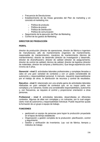    Frecuencia de Devoluciones
      Establecimiento de las líneas generales del Plan de marketing y en
       concreto el marketing mix:

          oPolítica de producto
          oPolítica de precio
          oPolítica de distribución
          oPolítica de comunicación
    Seguimiento de la ejecución del Plan de Marketing
    Control de los gastos de Marketing

DIRECTOR DE PRODUCCIÓN

PERFIL

director de producción (director de operaciones, director de fábrica e ingeniero
de manufactura); jefe de mantenimiento (ingeniero de mantenimiento,
responsable de mantenimiento); mecánico de mantenimiento (técnico de
mantenimiento); director de desarrollo (director de investigación y desarrollo,
director de diversificación); director de calidad (director de aseguramiento,
director de control de calidad); técnico de calidad; director de logística (director
de materiales, director de compras y distribución). Que tenga experiencia como
mínimo de 5 años.

Gerencial - nivel 2: actividades laborales profesionales y complejas llevadas a
cabo en una gran variedad de contextos y con un grado considerable de
autonomía y responsabilidad personal. A menudo, requerirá responsabilizarse
por el trabajo de otros, la distribución de recursos y control de resultados.

Ejecutivo - nivel 3: relacionado con una amplia gama de actividades laborales
realizadas en gran variedad de contextos que, en su mayor parte, son
complejos y no rutinarios. Existe una considerable responsabilidad y autonomía
y, con frecuencia, se requiere el control y proporcionar orientación a otras
personas.

Profesional - nivel 4: actividades laborales, desarrolladas en diferentes
contextos. Algunas de ellas son complejas y no rutinarias, por lo cual exigen
cierto nivel de autonomía y responsabilidad individual. Puede requerirse quizás
la formación de un grupo o equipo de trabajo.

FUNCIONES

    gestionará un equipo de personas para lograr la producción proyectada
     en el lapso de tiempo establecido
    Organización y gestión completa de la producción: planificación, control
     y seguimiento.
    Gestión y verificación de inventarios. Lay- out de fábrica, tiempos y
     métodos de trabajo


                                                                                106
 