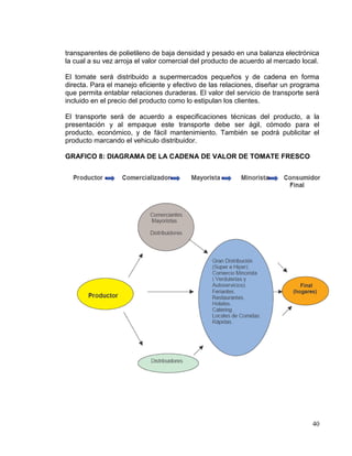 transparentes de polietileno de baja densidad y pesado en una balanza electrónica
la cual a su vez arroja el valor comercial del producto de acuerdo al mercado local.

El tomate será distribuido a supermercados pequeños y de cadena en forma
directa. Para el manejo eficiente y efectivo de las relaciones, diseñar un programa
que permita entablar relaciones duraderas. El valor del servicio de transporte será
incluido en el precio del producto como lo estipulan los clientes.

El transporte será de acuerdo a especificaciones técnicas del producto, a la
presentación y al empaque este transporte debe ser ágil, cómodo para el
producto, económico, y de fácil mantenimiento. También se podrá publicitar el
producto marcando el vehiculo distribuidor.

GRAFICO 8: DIAGRAMA DE LA CADENA DE VALOR DE TOMATE FRESCO




                                                                                 40
 