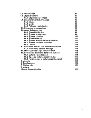 4.2. Presentación                                    95
4.3. Objetivo General                                95
     4.3.1. Objetivos específicos                    95
4.4. Direccionamiento Estratégico                    95
     4.4.1. Misión                                   95
     4.4.2. Visión                                   96
     4.4.3. Políticas y estrategias                  96
 4.5. Estructura organizacional                      98
 4.6. Áreas de la empresa                            99
     4.6.1. Dirección técnica                        99
     4.6.2. Área de producción                       99
     4.6.3. Área de compras                          101
     4.6.4. Área Comercial                           102
     4.6.5. Área de administración y finanzas        102
     4.6.6. Área de recursos humanos                 102
     4.6.7. Calidad                                  103
 4.7. Funciones de cada uno de los funcionarios      104
     4.7.1. Manuales y perfiles de cargo             104
 4.8. Marco Jurídico Legal e Institucional           112
 4.9. Políticas de desarrollo de talento humano      114
     4.9.1. Cultura organizacional                   114
     4.9.2. Tipos de culturas desarrolladas          115
     4.9.3. Funciones de la cultura organizacional   115
 5. glosario                                         119
 6. Conclusiones                                     120
 7. Bibliografía                                     121
 8. anexos
  Minuta de constitución                             122




                                                           5
 