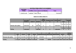 MATERIA PRIMA DIRECTA DE SIEMBRA
                                      MATERIA
                                       PRIMA        Und/Med. Cant. Precio Und Medida        Total
                                                                   $                                     $
                                      PLANTULAS     UNIDAD 3000 250,00                          750.000,00


                                                              MANO DE OBRA DIRECTA

                                                                            SUB                  T
                                           SALARIO                         TRANS BONIFICACIO DEVENGAD              PENSIO
                                           NOMINAL     DIAS W    BASICO      P        N          O          EPS       N
                                                                                                             $        $
                                                                    $                                     75.000,0 93.000,0
               Director del cultivo        $ 600.000     30      600.000     0         0      $ 600.000      0        0
                                                                                                             $        $
                                                                    $                                     75.000,0 93.000,0
               TOTAL                       $ 600.000             600.000     0         0      $ 600.000      0        0


                                                                        T        OT         T                     TOTAL
                           ARP         CAJA        ICBF     SENA PARAFISCALES DEDUCIOS DEDUCIDOS      NETO        ANUAL
                            $                        $         $                                        $           $
Director del cultivo     3.132,00     $ 24.000   18.000,00 12.000,00 $ 54.000          $ 225.132,00 825.132,00 9.901.584,00
                            $                        $         $                                        $           $
TOTAL                    3.132,00     $ 24.000   18.000,00 12.000,00 $ 54.000  200000  $ 225.132,00 825.132,00 9.901.584,00




                                                                                                                         90
 