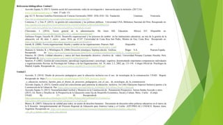 Referencias bibliográficas Unidad 1
- Acevedo Zapata, S. (2017). Gestión social del conocimiento, redes de investigación e innovación para la inclusión. (2017) En
www.revistanegotium.org.ve / núm. 37 (año 13)
pág. 62-73. Revista Científica Electrónica de Ciencias Gerenciales /ISSN: 1856-1810 / Ed. Fundación Unamuno, Venezuela.
http://ojs.revistanegotium.org.ve/index.php/negotium/article/view/288
- Contreras, F. y Tito, P. (2013). La gestión del conocimiento y las políticas públicas. Universidad UNA, Biblioteca Nacional del Perú. Recuperado en:
http://eprints.rclis.org/22933/1/LA%20GESTI%C3%93N%20DEL%20CONOCIMIENTO
%20Y%20LAS%20POL%C3%8DTICAS%20P%C3%9ABLICAS.pdf
- Chiavenato, I. (2014). Teoría general de la administración. Mc Graw Hill. Education. México D.F. Disponible en:
https://esmirnasite.files.wordpress.com/2017/07/i- admonchiavenato.pdf
- Garbanzo-Vargas, Guiselle M. (2016). Desarrollo organizacional y los procesos de cambio en las instituciones educativas, un reto de la gestión de la
educación, vol. 40, núm. 1, enero- junio, 2016, pp. 67-87. Universidad de Costa Rica San Pedro, Montes de Oca, Costa Rica. Recuperado en:
https://revistas.ucr.ac.cr/index.php/educacion/article/view/22534/2291 4
- Gareth, R. (2008). Teoría organizacional. Diseño y cambio en las organizaciones. Pearson Hall. Disponible en:
https://luisvaldiviesomerino.files.wordpress.com/2016/08/teoriaorganizacional-5ta-ed-jones- 1.pdf
- Jhonson, G. Scholes, K. y Whittington, R. (2006) Dirección estratégica. Séptima edición. Gráficas Rógar S.A. Pearson.España.
Recuperado de: https://www.scribd.com/document/360439195/1-J-DIRECCIONESTRATEGICA- Traduccion-pdf
- Palacios, M. (2016). Calidad educativa y marco del buen desempeño directivo. (Archivo de video). Universidad Peruana Cayetano Heredia. Perú.
Recuperado de https://www.youtube.com/watch?v=QNktrXeQUA4
- Sparrow, P. (2002). Gestión del conocimiento, aprendizaje organizacional y psicología cognitiva: desentrañando importantes competencias individuales
y organizacionales Revista de Psicología del Trabajo y de las Organizaciones, vol. 18, núm. 2-3, 2002, pp. 131-156. Colegio Oficial de Psicólogos de
Madrid, España. Recuperado de: http://www.redalyc.org/pdf/2313/231318274002.pdf
Unidad 2
- Acevedo, S. (2014). Diseño de proyectos pedagógicos para la educación inclusiva con el uso de tecnologías de la comunicación. UNAD. Bogotá.
Recuperado de https://www.researchgate.net/publication/318357650_Inclusion_digital
_y_educacion_inclusiva_Aportes_para_el_diseno_de_proyectos_pedagogicos_con_el_uso_ de_tecnologias_de_la_comunicacion
- Acevedo Zapata, S. (2015). Gestión social del conocimiento para potenciar la educación inclusiva. En Libro Educación Superior Inclusiva aportes a la
Construcción de la Cultura de Paz. https://docs.wixstatic.com/ugd/9db216_9c094fd6f17b413d8faa33bce9 13fbc0.pdf
- Acevedo Zapata, S. (2015). Neuroplasticidad Cerebral y Memoria en la Construcción de Pensamiento Prospectivo. Autora Sandra Acevedo y otros.
(2015). En: Retos y Desafíos de la Prospectiva de la Educación como Eje de Desarrollo Económico, Social y Cultura. Mera, Carlos (Comp).
UNAD. Pp 17- 30. Recuperadode
http://repository.unad.edu.co/bitstream/10596/7800/1/Retos%20y%20Desaf%C3%ADos%2
0de%20la%20Prospectiva%20de%20la%20educaci%C3%B3n.pdf
- Blanco, R. (2007). Educación de calidad para todos, un asunto de derechos humanos. Documento de discusión sobre políticas educativas en el marco de
la II Reunión Intergubernamental del Proyecto Regional de Educación para América Latina y el Caribe (EPT/PRELAC) UNESCO. Buenos Aires,
Argentina. Recuperado en: http://www.unesco.org/new/es/santiago/resources/singlepublication/news/quality_education
_for_all_a_human_rights_issue_edu cational/
 