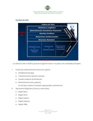 Universidad de Ciencias Empresariales y Sociales
Maestría en Dirección de Recursos Humanos
Página 8 de 32
Gestión de Recursos Humanos
- Año 2009 -
6) Cadena de Valor
La cadena de valor en AySA se gesta de la siguiente manera: tres polos como actividades principales.
I. Producción y Mantenimiento del Servicio: plantas.
 Potabilización del agua.
 Tratamiento de los afluentes cloacales.
 Grandes conductos de distribución.
 Mantenimiento (redes y plantas).
En este polo se genera el producto (agua potable y saneamiento)
II. Operaciones Regionales (técnicas y comerciales)
 Región Norte.
 Región Oeste.
 Región Sudeste.
 Región Sudoeste.
 Región CABA.
 