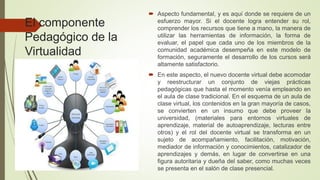 El componente
Pedagógico de la
Virtualidad
 Aspecto fundamental, y es aquí donde se requiere de un
esfuerzo mayor. Si el docente logra entender su rol,
comprender los recursos que tiene a mano, la manera de
utilizar las herramientas de información, la forma de
evaluar, el papel que cada uno de los miembros de la
comunidad académica desempeña en este modelo de
formación, seguramente el desarrollo de los cursos será
altamente satisfactorio.
 En este aspecto, el nuevo docente virtual debe acomodar
y reestructurar un conjunto de viejas prácticas
pedagógicas que hasta el momento venía empleando en
el aula de clase tradicional. En el esquema de un aula de
clase virtual, los contenidos en la gran mayoría de casos,
se convierten en un insumo que debe proveer la
universidad, (materiales para entornos virtuales de
aprendizaje, material de autoaprendizaje, lecturas entre
otros) y el rol del docente virtual se transforma en un
sujeto de acompañamiento, facilitación, motivación,
mediador de información y conocimientos, catalizador de
aprendizajes y demás, en lugar de convertirse en una
figura autoritaria y dueña del saber, como muchas veces
se presenta en el salón de clase presencial.
 