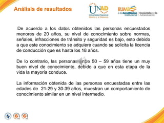 Análisis de resultados
De acuerdo a los datos obtenidos las personas encuestados
menores de 20 años, su nivel de conocimiento sobre normas,
señales, infracciones de tránsito y seguridad es bajo, esto debido
a que este conocimiento se adquiere cuando se solicita la licencia
de conducción que es hasta los 18 años.
De lo contrario, las personas entre 50 – 59 años tiene un muy
buen nivel de conocimiento, debido a que en esta etapa de la
vida la mayoría conduce.
La información obtenida de las personas encuestadas entre las
edades de 21-29 y 30-39 años, muestran un comportamiento de
conocimiento similar en un nivel intermedio.
 