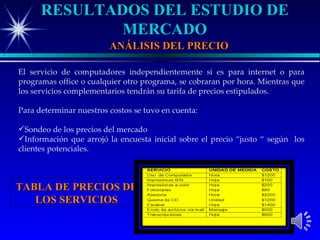 RESULTADOS DEL ESTUDIO DE
              MERCADO
                         ANÁLISIS DEL PRECIO

El servicio de computadores independientemente si es para internet o para
programas office o cualquier otro programa, se cobraran por hora. Mientras que
los servicios complementarios tendrán su tarifa de precios estipulados.

Para determinar nuestros costos se tuvo en cuenta:

Sondeo de los precios del mercado
Información que arrojó la encuesta inicial sobre el precio “justo “ según los
clientes potenciales.



TABLA DE PRECIOS DE
   LOS SERVICIOS
 