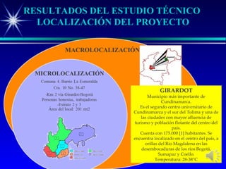 RESULTADOS DEL ESTUDIO TÉCNICO
  LOCALIZACIÓN DEL PROYECTO




                               GIRARDOT
                         Municipio más importante de
                                Cundinamarca.
                     Es el segundo centro universitario de
                  Cundinamarca y el sur del Tolima y una de
                     las ciudades con mayor afluencia de
                  turismo y población flotante del centro del
                                      país.
                     Cuenta con 175.000 [1] habitantes. Se
                  encuentra localizado en el centro del país, a
                       orillas del Río Magdalena en las
                      desembocaduras de los ríos Bogotá,
                               Sumapaz y Coello.
                             Temperatura: 28-38°C
 