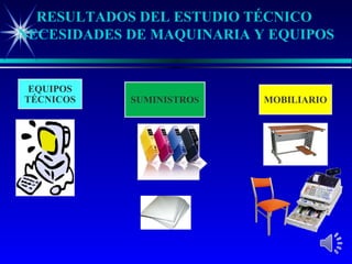 RESULTADOS DEL ESTUDIO TÉCNICO
NECESIDADES DE MAQUINARIA Y EQUIPOS


 EQUIPOS
TÉCNICOS    SUMINISTROS    MOBILIARIO
 