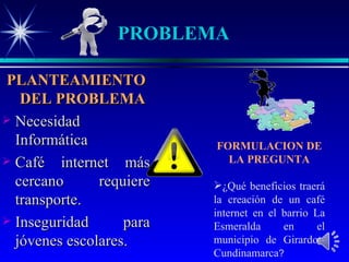 PROBLEMA

PLANTEAMIENTO
   DEL PROBLEMA
 Necesidad
  Informática             FORMULACION DE
 Café internet más         LA PREGUNTA

  cercano      requiere   ¿Qué beneficios traerá
  transporte.             la creación de un café
                          internet en el barrio La
 Inseguridad      para   Esmeralda      en      el
  jóvenes escolares.      municipio de Girardot-
                          Cundinamarca?
 