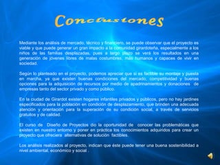 Mediante los análisis de mercado, técnico y financiero, se puede observar que el proyecto es 
viable y que puede generar un gran impacto a la comunidad girardoteña, especialmente a los 
niños  de  las  familias  desplazadas,  pues  a  largo  plazo  se  verá  los  resultados  en  una 
generación  de  jóvenes  libres  de  malas  costumbres,  más  humanos  y  capaces  de  vivir  en 
sociedad.

Según lo planteado en el proyecto, podemos apreciar que si es factible su montaje y puesta 
en  marcha,  ya  que  existen  buenas  condiciones  del  mercado,  competitividad  y  buenas 
opciones  para  la  adquisición  de  recursos  por  medio  de  apadrinamientos  y  donaciones    de 
empresas tanto del sector privado y como público.

En la ciudad de Girardot existen hogares infantiles privados y públicos, pero no hay jardines 
especificados para la población en condición de desplazamiento, que brinden una adecuada 
atención  y  orientación  para  la  superación  de  su  condición  social,  a  través  de  servicios 
gratuitos y de calidad.

El  curso  de    Diseño  de  Proyectos  dio  la  oportunidad  de    conocer  las  problemáticas  que 
existen  en  nuestro  entorno  y  poner  en  práctica  los  conocimientos  adquiridos  para  crear  un 
proyecto que ofreciera  alternativas de solución  factibles.

Los análisis realizados al proyecto, indican que éste puede tener una buena sostenibilidad a 
nivel ambiental, económico y social .  
 
