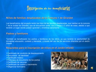 Niños de familias desplazadas de la Comuna 1 de Girardot

Los beneficiarios del proyecto serán los hijos de las familias desplazadas, que habitan en la comuna 
1 de la ciudad de Girardot, que se encuentren entre  los 6 meses a 5 años de edad, debido a que 
tendrán un lugar donde podrán aprender y divertirse sanamente.


Padres y familiares

También  se  beneficiarán  los  padres  y  familiares  de  los  niños,  ya  que  tendrán  la  oportunidad  de 
brindarles educación, cuidado y bienestar, a través del uso de los servicios ofrecidos por el Jardín 
Infantil.

Requisitos para la inscripción de niños en el Jardín Infantil:

Certificado de condición de desplazamiento
Documento  de identidad
Certificado médico
Fotocopia de documento de los padres
Certificado de vacunas
Certificado de control y crecimiento
Diligenciar formulario
 