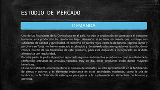 ESTUDIO DE MERCADO
DEMANDA
Una de las finalidades de la Cunicultura en el país, ha sido la producción de carne para el consumo
humano; esta producción ha tenido mu baja demanda, si se tiene en cuenta que sustituye con
suficiencia de calidad y gustosidad, el consumo de carnes rojas, como la de bovino, caprino, ovino y
porcino y en Tunja no hay un mercado establecido y de acuerdo a las averiguaciones la población no
conoce mucho de los beneficios de este producto, pero esta dispuesto a incorporarlo en la dieta
alimenticia con regularidad.
Por otra parte, la piel y el pelo han reportado algunos rendimientos económicos como resultado de la
confección artesanal de artículos variados. Hoy en día, estos productos están dando mayores
beneficios.
El uso del estiércol, al incrementarse el número de animales, se está aprovechando en la fertilización
de tierras y cultivos y es elemento importante en otras actividades modernas, como la cría de
lombrices, la fertilización de estanques para peces y la suplementación alimenticia de bovinos y
porcinos.

 