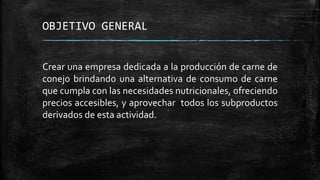OBJETIVO GENERAL
Crear una empresa dedicada a la producción de carne de
conejo brindando una alternativa de consumo de carne
que cumpla con las necesidades nutricionales, ofreciendo
precios accesibles, y aprovechar todos los subproductos
derivados de esta actividad.

 