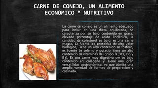 CARNE DE CONEJO, UN ALIMENTO
ECONÓMICO Y NUTRITIVO
La carne de conejo es un alimento adecuado
para incluir en una dieta equilibrada, se
caracteriza por su bajo contenido en grasa,
elevado porcentaje de ácido linolénico, la
cantidad de colesterol es bajo, es una carne
magra, Es fuente de proteínas de alto valor
biológico, Tiene un alto contenido en fósforo,
es fuente de selenio y potasio, tiene un alto
contenido en vitaminas del grupo B (B12, B6 y
B3), Es una carne muy digestiva por su bajo
contenido en colágeno y Tiene una gran
versatilidad gastronómica, ya que admite una
amplia variedad de formas de preparación y
cocinado.

 