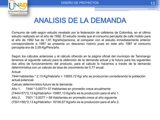 DISEÑO DE PROYECTOS                                            13



               ANALISIS DE LA DEMANDA
Consumo de café según estudio revelado por la federación de cafeteros de Colombia, en el último
estudio realizado en el año de 1992. El estudio revela que el consumo percapita de café molido para
el año de 1992 fue de 1,81 Kg/año/persona; al comparar con el estudio inmediatamente anterior
correspondiente a 1987 se presenta un descenso notorio pues en este año 1987 el consumo
percapita era de 2,09 Kg/Pers/año.

Según los cálculos anteriores y el cálculo ofrecido en la página oficial del municipio de Taminango
tenemos el siguiente calculo para la obtención de la demanda actual y la futura para los siguientes
dos años de funcionamiento del producto, para el calculo lo hacemos a través de la demanda
determinística con un calculo de tasa de crecimiento de 0,77 anual.
Actual
7444 habitantes * 2,13 Kg/Hab/año = 15855,72 Kg/ año se producirían considerando la población
actual potencial.
Calculo determinístico futuro de la demanda
Año 1.    7444 * 0,0077= 57 Habitantes en promedio crece anualmente
(7444+57)*2,13 kg/Hab/año= 15997,13 Kg/año es la producción para el año 1.
Año 2.    7501 * 0,0077 = 58 Habitantes en promedio crece al año siguiente
(7501+58)*2,13 kg/Hab/año= 16100,67 Kg/año es la producción para el año 2.
 