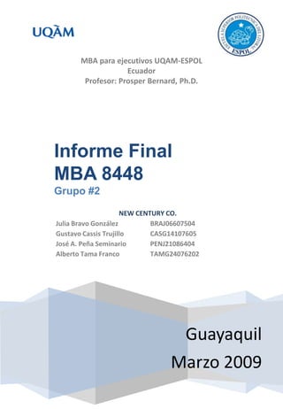Informe Final MBA 8448 Grupo #2  Guayaquil Marzo 2009 MBA para ejecutivos UQAM-ESPOL Ecuador Profesor: Prosper Bernard, Ph.D. 