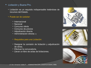 Licitación y Buena Pro.

  • Licitación es un requisito indispensable tratándose de
    recursos del Estado.

  • Puede ser de carácter:

       •   Internacional
       •   Nacional
       •   Concurso oferta
       •   Concurso de precios
       •   Adjudicación directa
       •   Administración directa (1)

       • Requisitos para una Licitación:

       • Designar la comisión de licitación y adjudicación
         de obras.
       • Efectuar la convocatoria.
       • Llevar un libro de actas de licitaciones.




   (1) Ver: Armando Valdés P. – ADMINISTRACION LOGISTICA ESAN (1999)
 