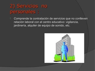 2) Servicios no
personales :
   Comprende la contratación de servicios que no conlleven
    relación laboral con el centro educativo: vigilancia,
    jardinería, alquiler de equipo de sonido, etc.
 