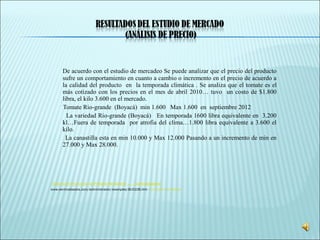 De acuerdo con el estudio de mercadeo Se puede analizar que el precio del producto
sufre un comportamiento en cuanto a cambio o incremento en el precio de acuerdo a
la calidad del producto en la temporada climática . Se analiza que el tomate es el
más cotizado con los precios en el mes de abril 2010… tuvo un costo de $1.800
libra, el kilo 3.600 en el mercado.
Tomate Rio-grande (Boyacá) min 1.600 Max 1.600 en septiembre 2012
La variedad Rio-grande (Boyacá) En temporada 1600 libra equivalente en 3.200
kl…Fuera de temporada por atrofia del clima…1.800 libra equivalente a 3.600 el
kilo.
La canastilla esta en min 10.000 y Max 12.000 Pasando a un incremento de min en
27.000 y Max 28.000.
 Sistema de Información de Precios del Sector ... - Centroabastos
www.centroabastos.com/administrador/examples/BU0106.htm - En caché - Similares
 