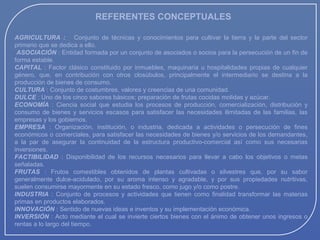REFERENTES CONCEPTUALES
AGRICULTURA : Conjunto de técnicas y conocimientos para cultivar la tierra y la parte del sector
primario que se dedica a ello.
ASOCIACIÓN : Entidad formada por un conjunto de asociados o socios para la persecución de un fin de
forma estable.
CAPITAL : Factor clásico constituido por inmuebles, maquinaria u hospitalidades propias de cualquier
género, que, en contribución con otros closúbulos, principalmente el intermediario se destina a la
producción de bienes de consumo.
CULTURA : Conjunto de costumbres, valores y creencias de una comunidad.
DULCE : Uno de los cinco sabores básicos; preparación de frutas cocidas molidas y azúcar.
ECONOMÍA : Ciencia social que estudia los procesos de producción, comercialización, distribución y
consumo de bienes y servicios escasos para satisfacer las necesidades ilimitadas de las familias, las
empresas y los gobiernos.
EMPRESA : Organización, institución, o industria, dedicada a actividades o persecución de fines
económicos o comerciales, para satisfacer las necesidades de bienes y/o servicios de los demandantes,
a la par de asegurar la continuidad de la estructura productivo-comercial así como sus necesarias
inversiones.
FACTIBILIDAD : Disponibilidad de los recursos necesarios para llevar a cabo los objetivos o metas
señaladas.
FRUTAS : Frutos comestibles obtenidos de plantas cultivadas o silvestres que, por su sabor
generalmente dulce-acidulado, por su aroma intenso y agradable, y por sus propiedades nutritivas,
suelen consumirse mayormente en su estado fresco, como jugo y/o como postre.
INDUSTRIA : Conjunto de procesos y actividades que tienen como finalidad transformar las materias
primas en productos elaborados.
INNOVACIÓN : Sentido de nuevas ideas e inventos y su implementación económica.
INVERSIÓN : Acto mediante el cual se invierte ciertos bienes con el ánimo de obtener unos ingresos o
rentas a lo largo del tiempo.

 