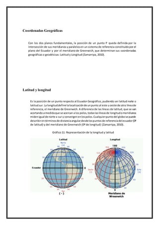 Coordenadas Geográficas
Con los dos planos fundamentales, la posición de un punto P queda definida por la
intersección de sus meridianos y paralelosen un sistema de referencia constituidopor el
plano del Ecuador y por el meridiano de Greenwich, que determinan sus coordenadas
geográficas o geodésicas: Latitud y Longitud (Zamarripa, 2010).
Latitud y longitud
Es la posición de un punto respecto al Ecuador Geográfico, pudiendo ser latitud norte o
latitudsur. La longituddefine lalocalizaciónde unpunto al este u oeste de otra líneade
referencia, el meridiano de Greenwich. A diferencia de las líneas de latitud, que se van
acortando a medidaque se acercan a los polos,todaslaslíneasde longitudomeridianos
midenigual de norte a sur y convergenenlospolos.Cualquierpuntodel globose puede
describirentérminosde distanciaangulardesdelospuntosde referenciadelecuador(0º
de latitud) y del meridiano de Greenwich (0º de longitud) (Zamarripa, 2010).
Gráfico 11: Representación de la longitud y latitud
 