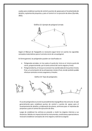 usadas para establecer puntos de control y puntos de apoyo para el levantamiento de
detalles,replanteode proyectos y para el control en la ejecución de obras (Quindio,
2021).
Gráfico 13: Ejemplo de poligonal cerrada
Según el Manual de Topografía es necesario seguir tener en cuenta los siguientes
conceptos matemáticos para el correcto cierre de una poligonal.
En forma general, las poligonales pueden ser clasificadas en:
 Poligonales cerradas: en las cuales el punto de inicio es el mismo punto de
cierre, proporcionando por lo tanto control del cierre angular y lineal.
 Poligonal abierta,enlasque se conocenlas coordenadasde lospuntosinicial y
final, y la orientación de las alineaciones inicial y final,siendo también posible
efectuar controles errores angulares y lineales.
Gráfico 14: Tipos de poligonales
El usode poligonalesesunode losprocedimientostopográficosmáscomunes.Se usan
generalmente para establecer puntos de control y puntos de apoyo para el
levantamiento de detalles y elaboración de planos, asimismo para el replanteo de
proyectos y para el control de ejecución de obra.
Luego de establecer los vértices se procede a medir los ángulos internos y sus
distancias.Debidoala imprecisiónde losinstrumentos,condicionesyoperacioneses
necesario establecer conceptos de error angular y tolerancia angular.
 