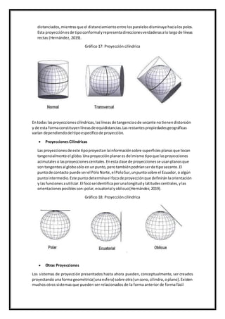 distanciados,mientrasque el distanciamientoentre losparalelosdisminuye hacialospolos.
Esta proyecciónesde tipoconformalyrepresentadireccionesverdaderasalolargode líneas
rectas (Hernández, 2019).
Gráfico 17: Proyección cilíndrica
En todas lasproyeccionescilíndricas,laslíneas de tangenciaode secante notienendistorsión
y de esta formaconstituyenlíneasde equidistancias.Lasrestantespropiedadesgeográficas
varían dependiendodeltipoespecíficode proyección.
 ProyeccionesCilíndricas
Las proyeccionesde este tipoproyectanlainformaciónsobre superficiesplanasque tocan
tangencialmente el globo.Unaproyecciónplanaresdel mismotipoque lasproyecciones
acimutalesolasproyeccionescenitales.Enestaclase de proyeccionesse usanplanosque
son tangentesal globosólo enunpunto,perotambiénpodríanserde tiposecante.El
puntode contacto puede serel PoloNorte,el PoloSur,unpuntosobre el Ecuador, o algún
puntointermedio.Este puntodeterminael focode proyecciónque definiránlaorientación
y lasfunciones autilizar.El focose identificaporunalongitudylatitudescentrales,ylas
orientacionesposiblesson:polar,ecuatorial yoblicuo(Hernández,2019).
Gráfico 18: Proyección cilíndrica
 Otras Proyecciones
Los sistemas de proyección presentados hasta ahora pueden, conceptualmente, ser creados
proyectandounaforma geométrica(unaesfera) sobre otra(uncono,cilindro,oplano).Existen
muchos otros sistemas que pueden ser relacionados de la forma anterior de forma fácil
 