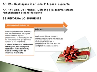 Art. 21.- Sustitúyase el artículo 111, por el siguiente
Art. 111 Cód. De Trabajo.- Derecho a la décima tercera
remuneración o bono navideño
SE REFORMA LO SIGUIENTE
 