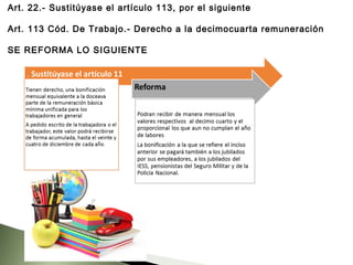 Art. 22.- Sustitúyase el artículo 113, por el siguiente
Art. 113 Cód. De Trabajo.- Derecho a la decimocuarta remuneración
SE REFORMA LO SIGUIENTE
 