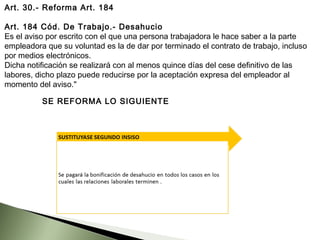 Art. 30.- Reforma Art. 184
Art. 184 Cód. De Trabajo.- Desahucio
Es el aviso por escrito con el que una persona trabajadora le hace saber a la parte
empleadora que su voluntad es la de dar por terminado el contrato de trabajo, incluso
por medios electrónicos.
Dicha notificación se realizará con al menos quince días del cese definitivo de las
labores, dicho plazo puede reducirse por la aceptación expresa del empleador al
momento del aviso."
SE REFORMA LO SIGUIENTE
 